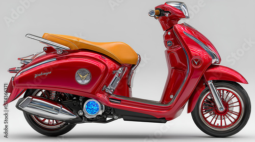 Vintage Red Scooter: A stylish vintage red scooter, a timeless design and a symbol of freedom and adventure, with classic design and luxurious features. The scooter is ready to explore the open road.