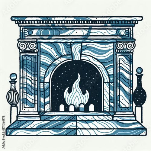 fireplace with marble, Decorative fireplace illustration with blue waves and flame on a light background