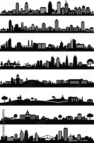 Collection of diverse black city skylines and suburban landscapes in silhouette against a white background
