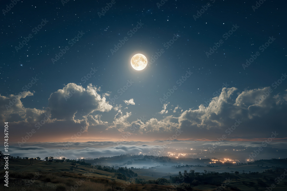 Fototapeta premium Enchanting night sky featuring a full moon, soft clouds, and sparkling stars over a peaceful landscape ideal for stargazing at dusk