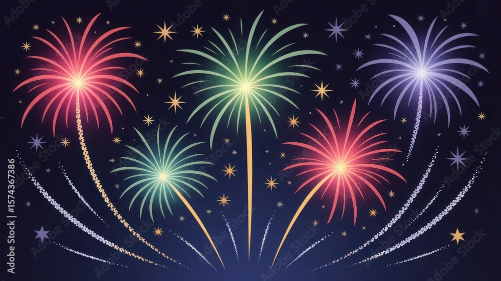 Naklejka premium Festive fireworks display illuminating the dark night sky with sparkling stars