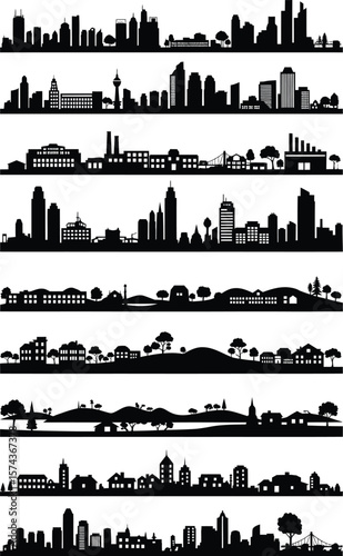Collection of diverse black cityscapes and suburban skylines with varied architecture and natural elements