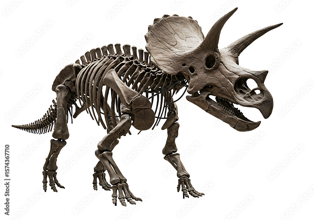 Naklejka premium Triceratops skeleton a fossilized dinosaur with large horns on a black background