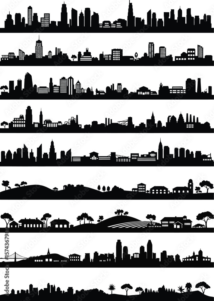 Obraz premium Collection of diverse city and town silhouettes featuring skyscrapers houses and natural landscapes