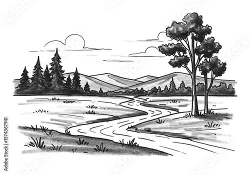 Charcoal scenery drawing. It is a black and white sketch of a landscape with a winding river, mountains, and trees, showcasing a rustic natural scene. Vector sketch line art draw.
