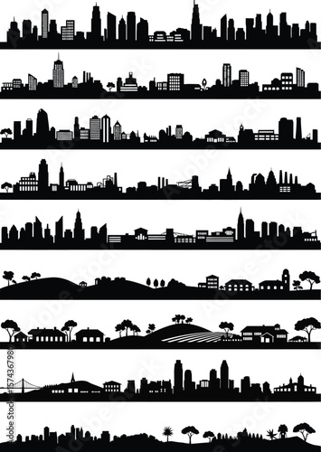 Collection of diverse city and town silhouettes featuring skyscrapers houses and natural landscapes