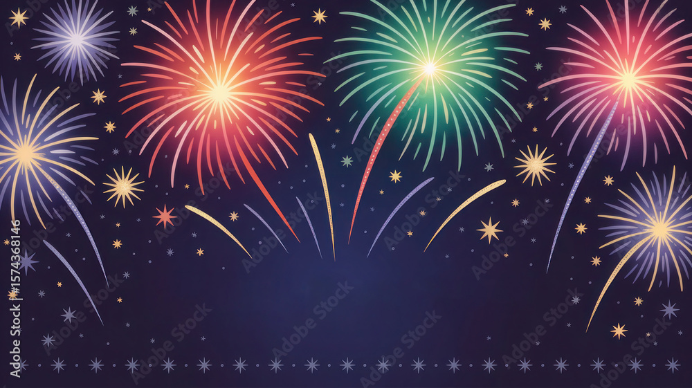 Naklejka premium Festive fireworks display illuminating the dark night sky with sparkling stars