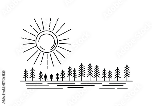 Cool drawing. It is a black and white outline image featuring a sun with rays above a line of pine trees, conveying a minimalist natural scene. Vector sketch line art draw.