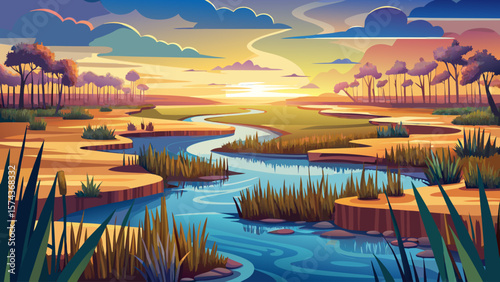 Okavango Delta, Botswana – Meandering waterways shimmer in soft light, papyrus reeds fringe mirrored channels, reflecting serene wetland paradise
