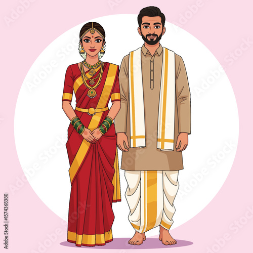 Traditional South Indian Wedding Couple Illustration