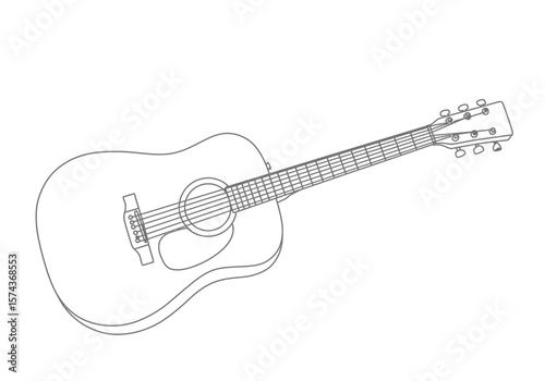Guitar still life drawing. It is a black and white outline image of an acoustic guitar, representing music, melody, and artistic expression. Vector sketch line art draw.