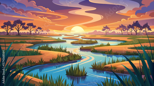 Okavango Delta, Botswana – Meandering waterways shimmer in soft light, papyrus reeds fringe mirrored channels, reflecting serene wetland paradise