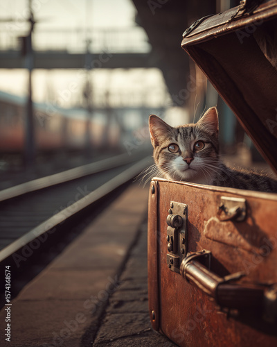 Curious cat peeking out of an open suitcase on a train station platform
