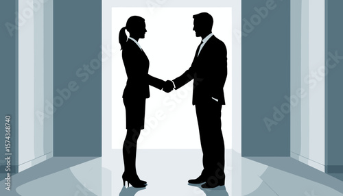 Two Businesspeople Shaking Hands in Minimal Silhouette Style