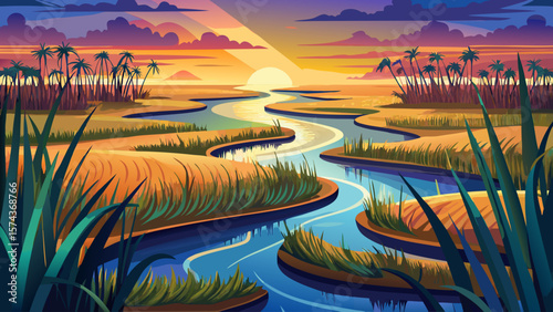 Okavango Delta, Botswana – Meandering waterways shimmer in soft light, papyrus reeds fringe mirrored channels, reflecting serene wetland paradise