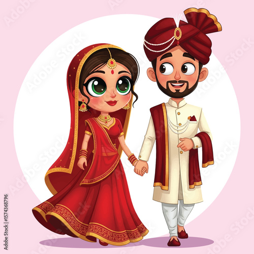 Adorable Indian Wedding Couple Cartoon Bride in Red Saree and Groom in Cream Sherwani Holding Hand