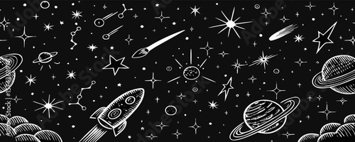 Hand-drawn Space Rocket and Planets Seamless Pattern