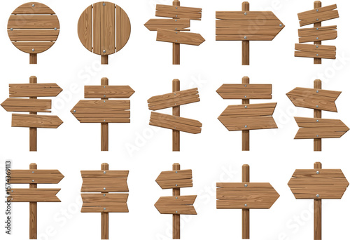 Collection of various wooden directional signs and pointers on posts isolated on white background