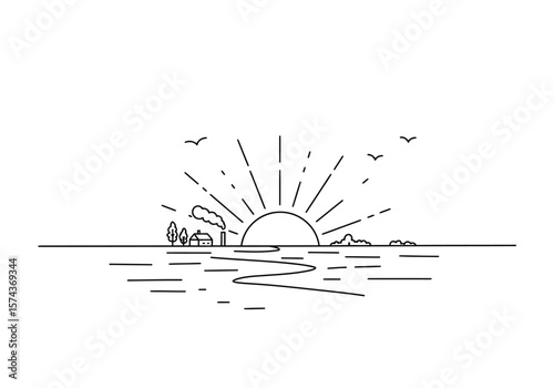 Morning scene drawing. It is a black and white outline image of a sunrise over a landscape with a house, water, and birds, depicting a serene dawn. Vector sketch line art draw.