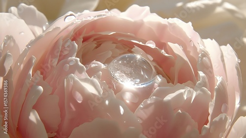 Close-up of a blossoming peony flower with delicate dew droplets on its petals displaying elegance