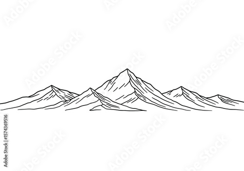 Mountains landscape drawing. It is a black and white outline image of a range of mountains with jagged peaks, depicting a rugged natural environment. Vector sketch line art draw.