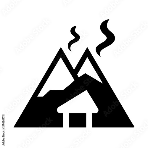Silhouette of a snowy mountain cabin with smoke