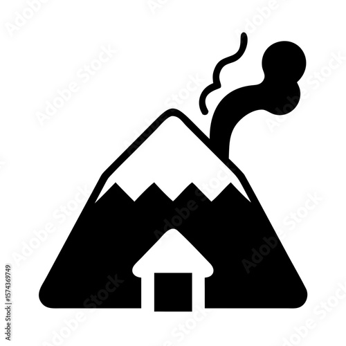 Black silhouette of snowy mountain cabin with smoke
