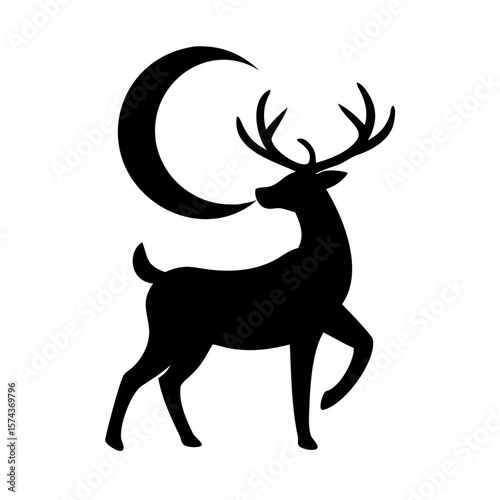 Reindeer silhouette against a glowing full moon illustration