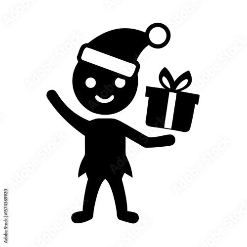 Christmas elf silhouette holding a wrapped gift vector