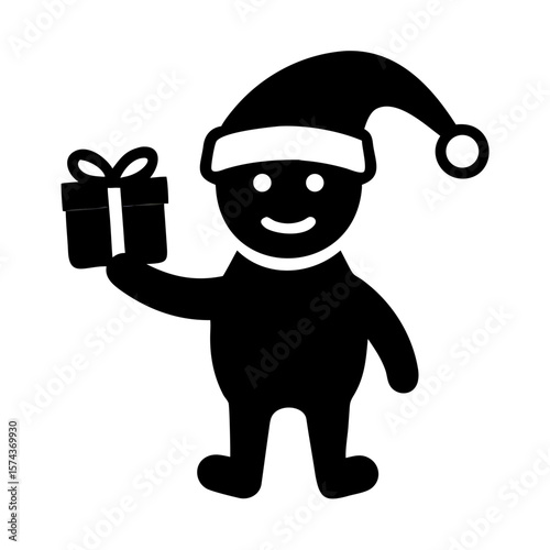 Christmas elf silhouette holding a gift vector illustration