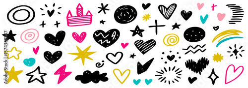 Hand-drawn doodles: hearts, stars, crown, rainbow
