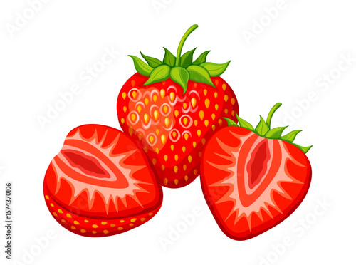 Sweet strawberries in cartoon style. Vector illustration of ripe, fresh strawberry fruits with seeds, green stems isolated on white background. Whole and halves of strawberries. Healthy nutrition.