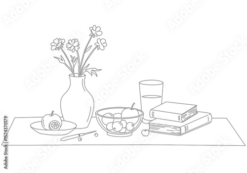 Still life drawing. It is a black and white outline image of a collection of items including a vase with flowers, fruits, a glass of water, and books on a table. Vector sketch line art draw.