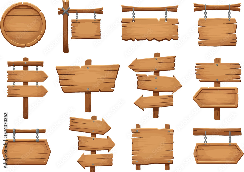Naklejka premium Collection of various rustic wooden signs and direction pointers on white background