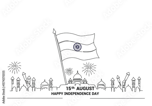 15 august drawing. It is a black and white outline image of Indian Independence Day celebration, national flag, historical monuments, fireworks, patriotism and freedom. Vector sketch line art draw.