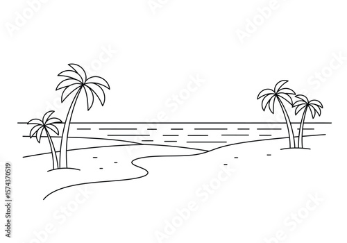 Beach scenery drawing. It is a black and white outline image of a serene beach landscape, featuring palm trees, sand, ocean waves, evoking a sense of calm and vacation. Vector sketch line art draw.