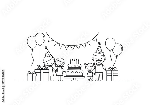 Birthday scenery drawing. It is a black and white outline image of a birthday celebration scene, family, cake, balloons, and gifts, conveying joy and festivity. Vector sketch line art draw.