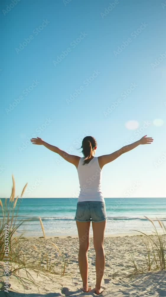 A solitary person, low rear angle, stands peacefully on a sunlit pristine sandy beach, arms outstretched towards an azure sky. Soft beach grass in foreground; vast turquoise ocean with gentle waves, A solitary person, low rear angle, stands peacefully on a sunlit pristine sandy beach, arms outstretched towards an azure sky. Soft beach grass in foreground; vast turquoise ocean with gentle waves,