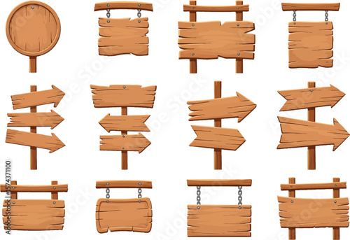 Collection of various rustic wooden signs and directional arrows on posts against a white background