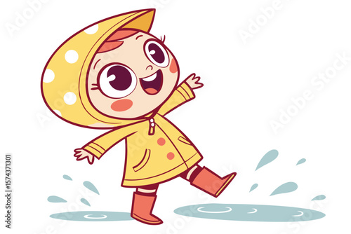 Vector cute Baby Girl cartoon character wearing a rain slicker and boots, jumping in puddles isolated on white background
