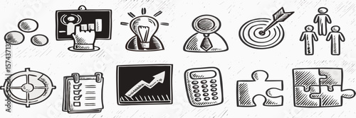 Business Strategy Icons: Planning, Teamwork, & Growth