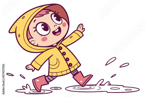 Vector cute Baby Girl cartoon character wearing a rain slicker and boots, jumping in puddles isolated on white background
