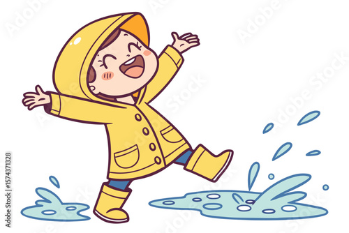 Vector cute Baby Girl cartoon character wearing a rain slicker and boots, jumping in puddles isolated on white background