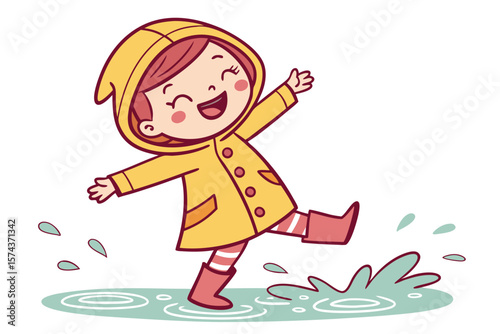 Vector cute Baby Girl cartoon character wearing a rain slicker and boots, jumping in puddles isolated on white background