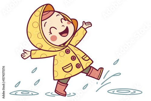 Vector cute Baby Girl cartoon character wearing a rain slicker and boots, jumping in puddles isolated on white background