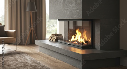 Photo of A modern fireplace with a burning fire creates a cozy atmosphere in the living room