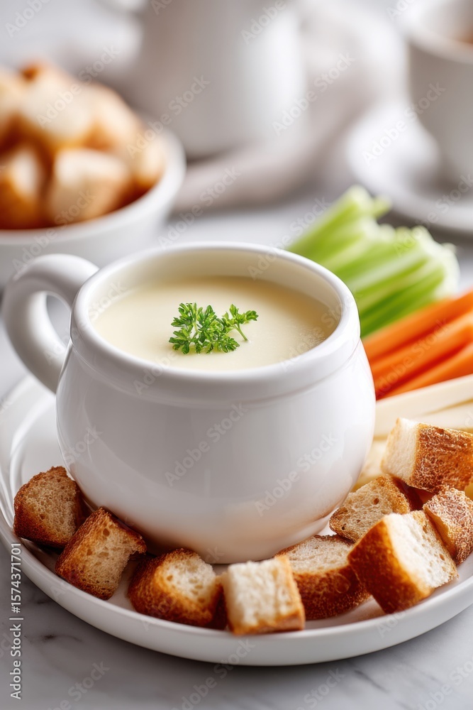 Delicious cheese fondue served with crusty bread and fresh vegetables for dipping Delicious cheese fondue served with crusty bread and fresh vegetables for dipping