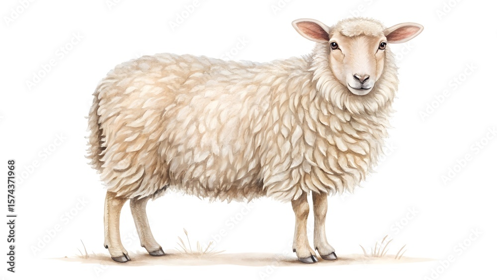 Fototapeta premium A fluffy sheep with wool on a white background