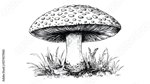 Vintage Amanita Muscaria Mushroom Woodcut Engraving Illustration