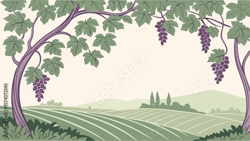 *Lush Vineyard Vector Background – Ripening Grape Clusters in Soft Purple & Green Tones, Tranquil Harvest Atmosphere with Copy Space*  